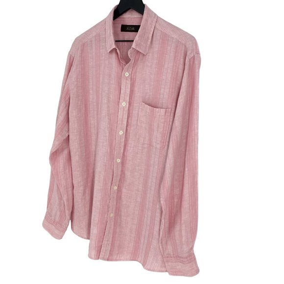 TASSO ELBA Pink Textured Stripe Linen Button Up Long Sleeve Shirt Size L - Picture 4 of 16